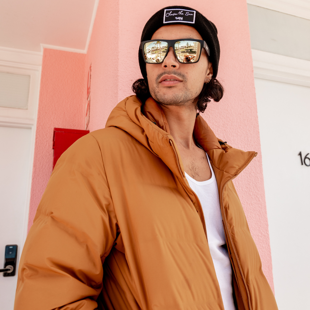 Vespa II Polarised Gold Square Mirrored Sunglasses side view on a male model