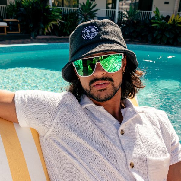 CANNON BALL Polarised Mirrored White Shield Sunglasses close up on a male model