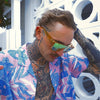 CANNON BALL Polarised Orange Mirrored Shield Sunglasses made of recycled plastic on male model looking down