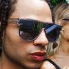 CANNON BALL Polarised Silver Shield Flat Top Sunglasses made of recycled plastic close up on male model