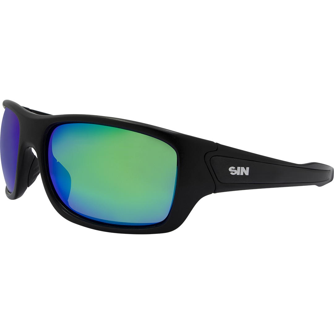 Formation Polarised Wrap Around Sunglasses with Black Frame and Green Lens front left view