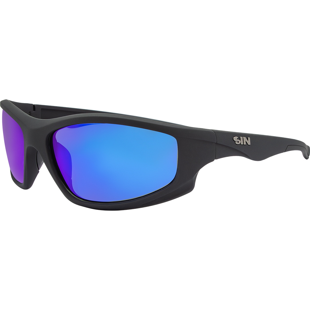 Jagger Polarised Wrap Around Sunglasses with Black Frame & Blue Lens front left view