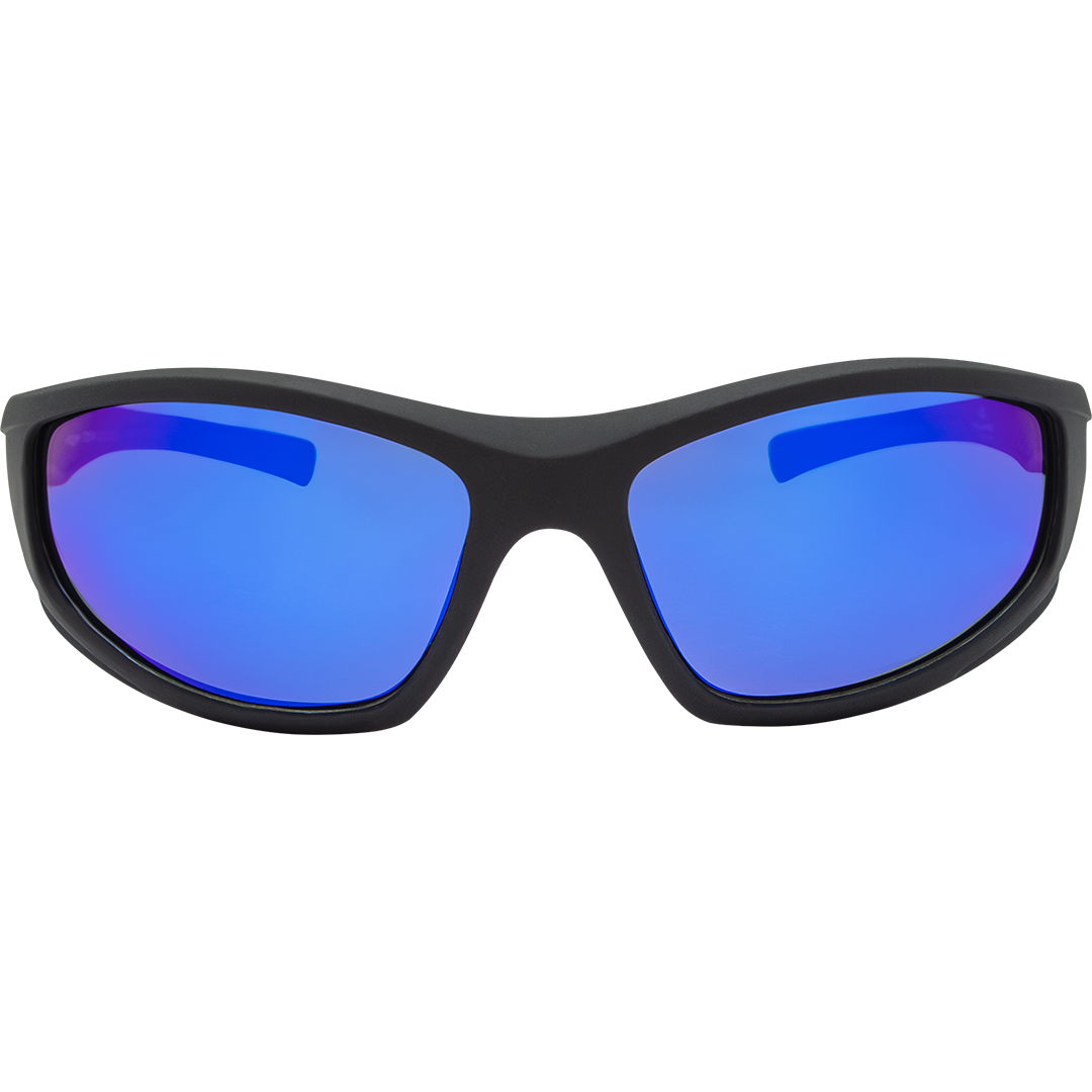 Jagger Polarised Wrap Around Sunglasses with Black Frame & Blue Lens front view
