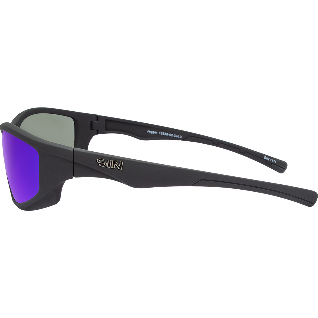 Jagger Polarised Wrap Around Sunglasses with Black Frame & Blue Lens left view
