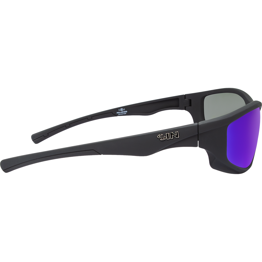 Jagger Polarised Wrap Around Sunglasses with Black Frame & Blue Lens right view