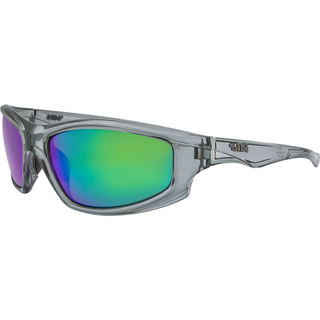 Jagger Polarised Wrap Around Sunglasses with Black Frame & Green Lens front left view
