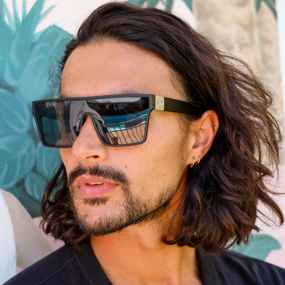 LOOSE CANNON Polarised Black Gradient Shield Square Sunglasses on a male model
