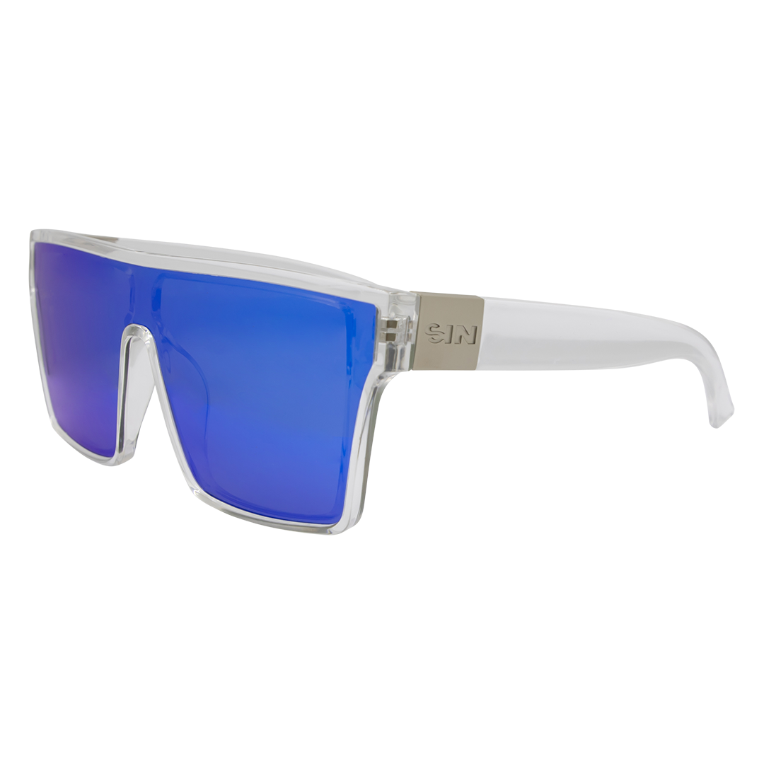 LOOSE CANNON Polarised Shield Square Sunglasses with Clear Frame and Blue Mirrored Lens front left side view