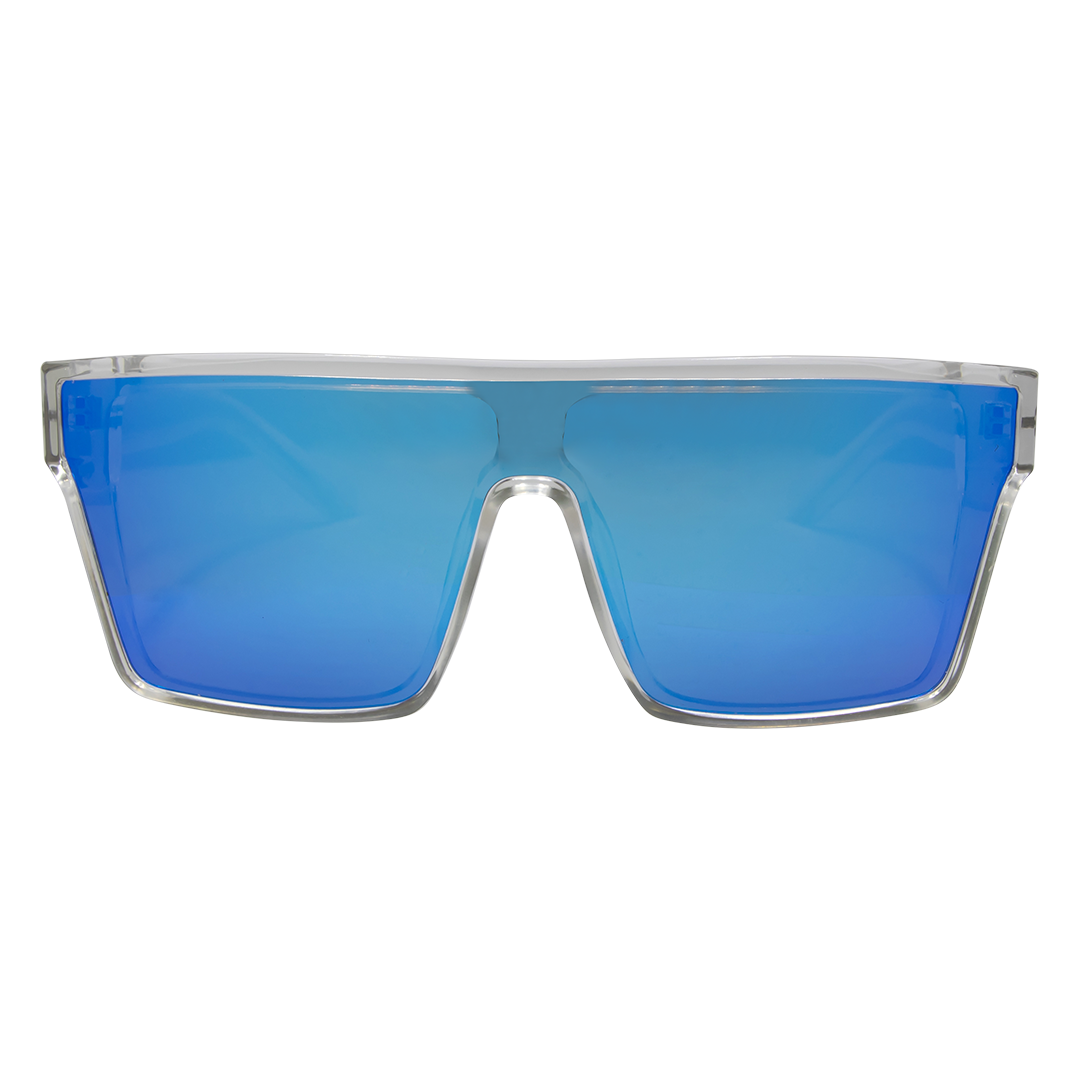 LOOSE CANNON Polarised Shield Square Sunglasses with Clear Frame and Blue Mirrored Lens front view