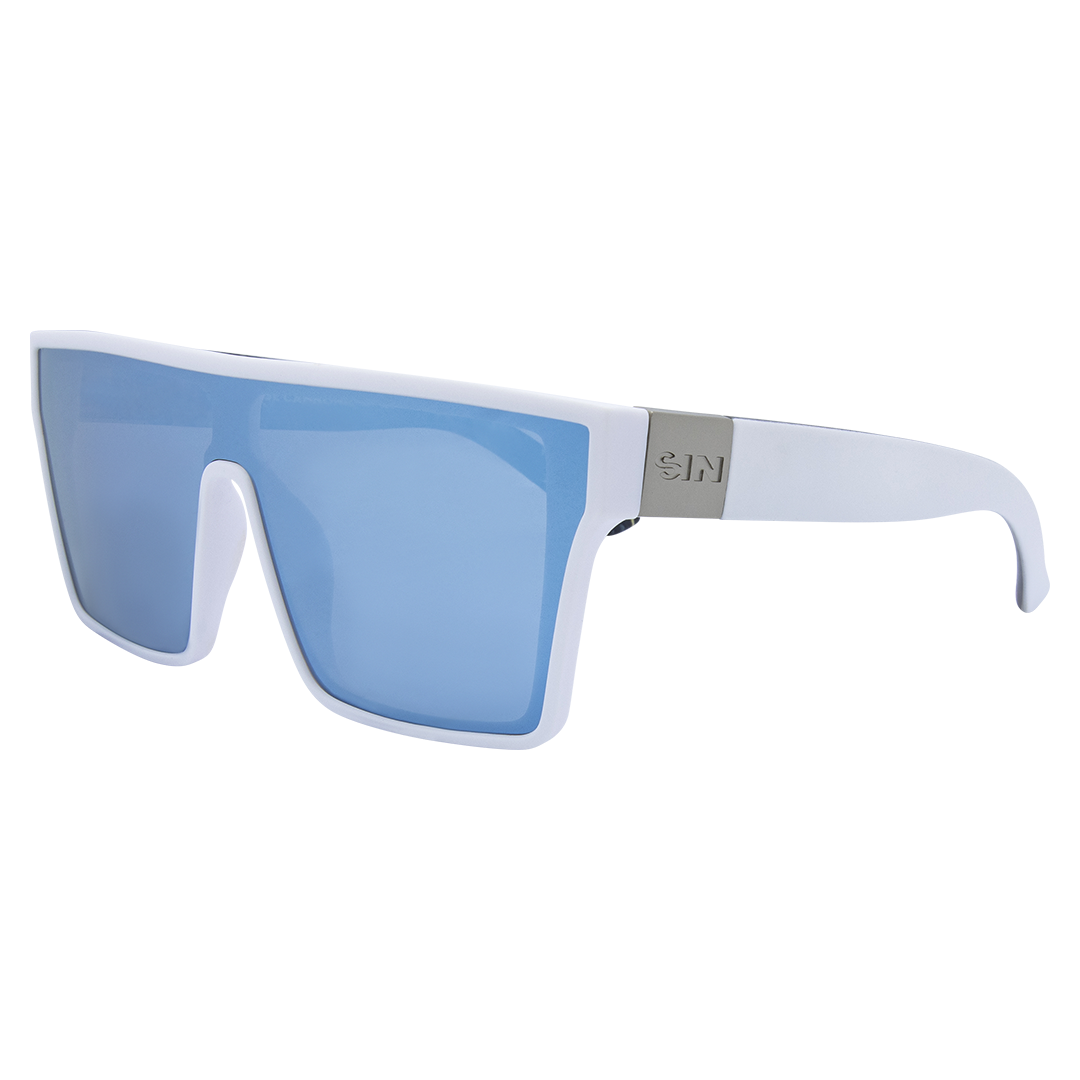 LOOSE CANNON Polarised Shield Square Sunglasses with White Frame and Blue Mirrored front left view