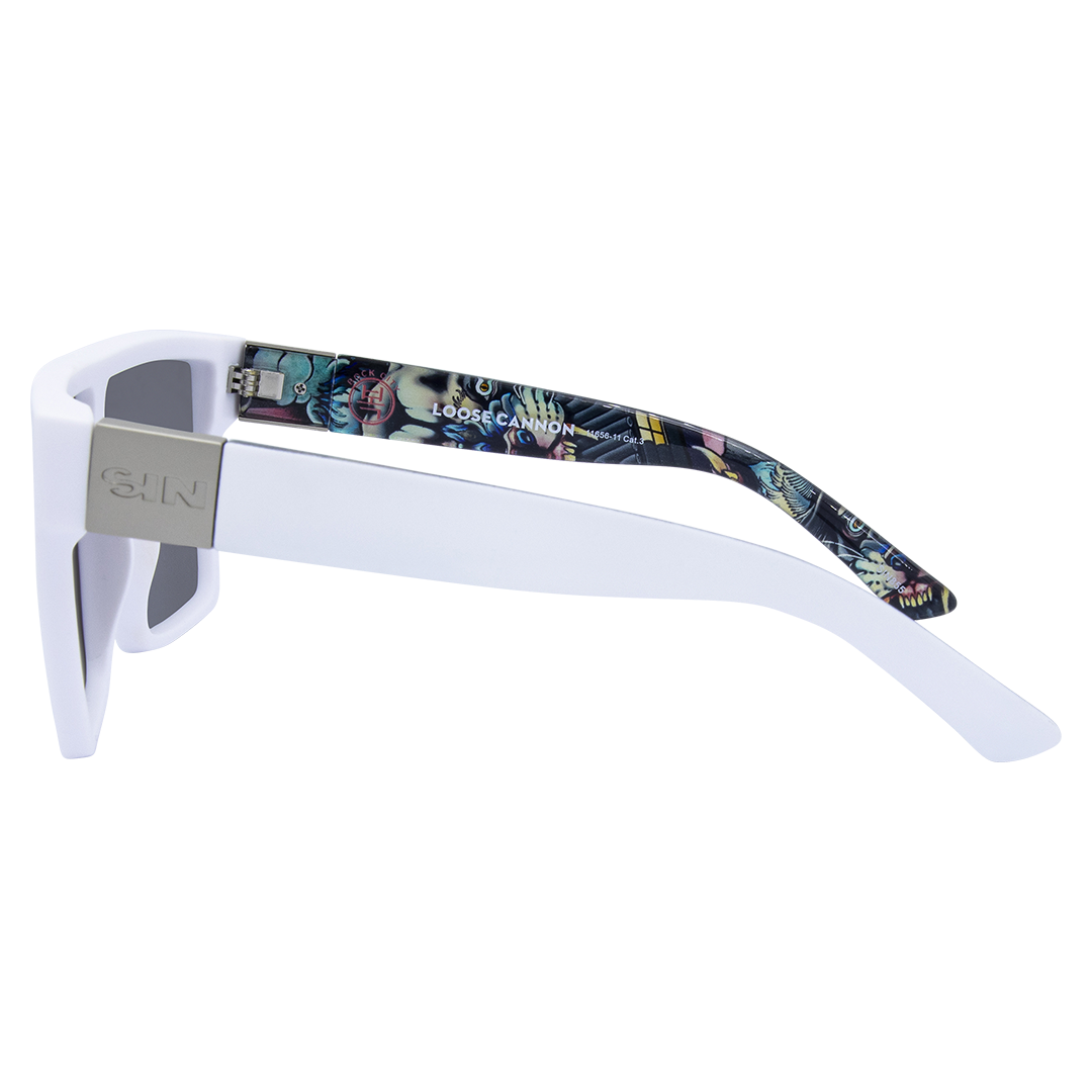 LOOSE CANNON Polarised Shield Square Sunglasses with White Frame and Blue Mirrored left view