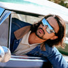 LOOSE CANNON Polarised Silver Shield Square Sunglasses on a male model leaning out of a classic car