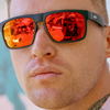 Peccant Polarised Black Rectangle Sunglasses with Red Lens on a male model
