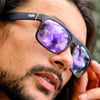 Peccant Rectangle Sunglasses with Black Frame and Purple Matte lens left side view on male model