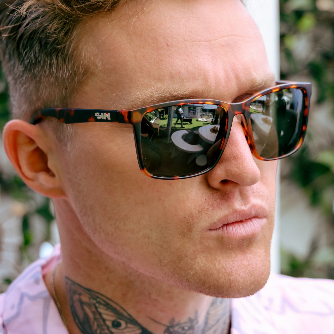 Skylark Polarised Tortoise Shell Rectangle Sunglasses side view on a male model