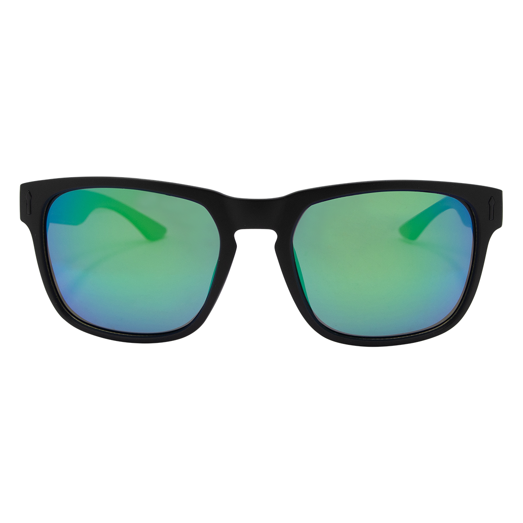 Spartan Polarised Rectangle Mirrored Sunglasses with Black Frame and Green Lens front view
