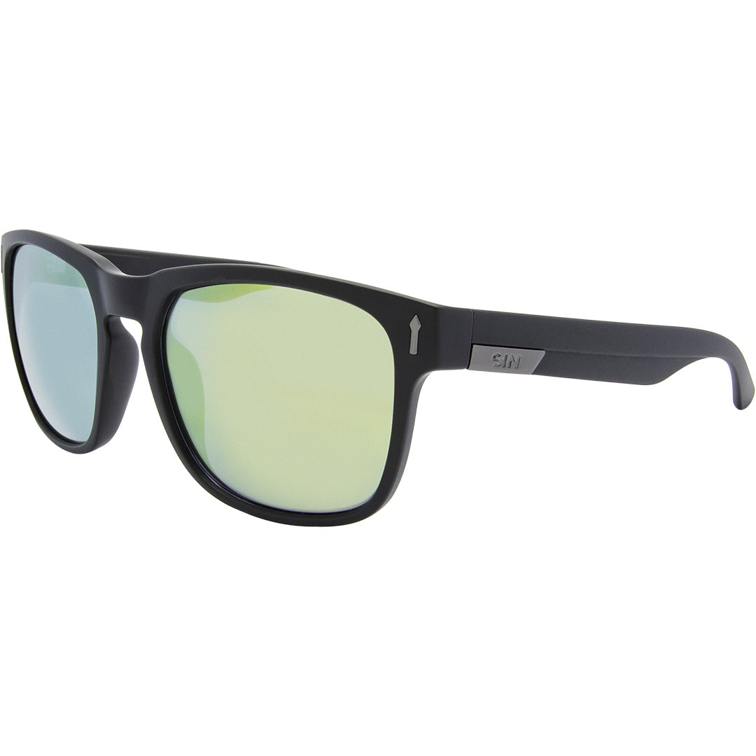 Spartan Recycled Rectangle Sunglasses with Black Frame and Gold Matte lens front left view