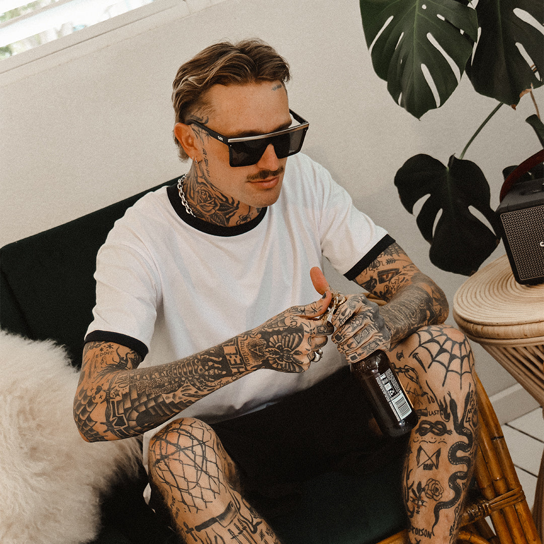 THE BAR Polarised Black Matt Silver Square Sunglasses on a blonde male model