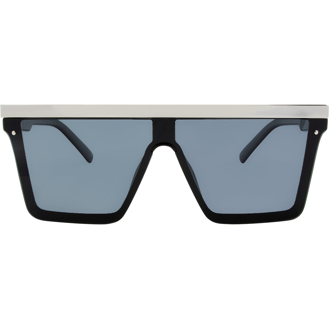 THE BAR Polarised Black Shield Square Sunglasses with Silver Bar front view