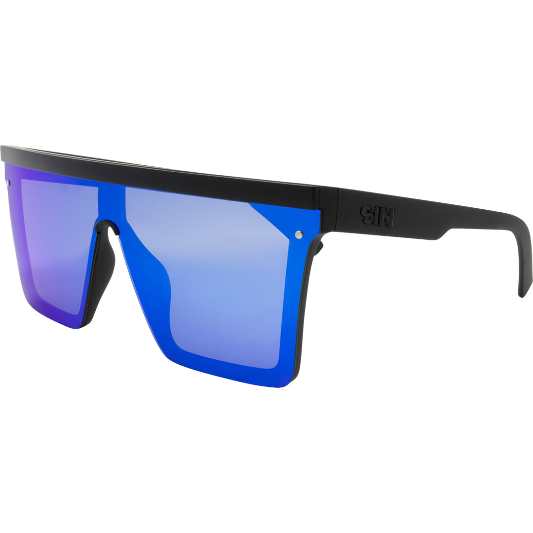 THE BAR Polarised Shield Square Blue Sunglasses with Black Frame front left view
