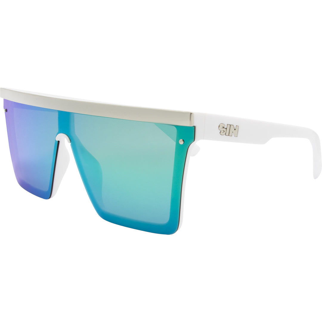 THE BAR Polarised Shield Square Green Sunglasses with White Frame front left view