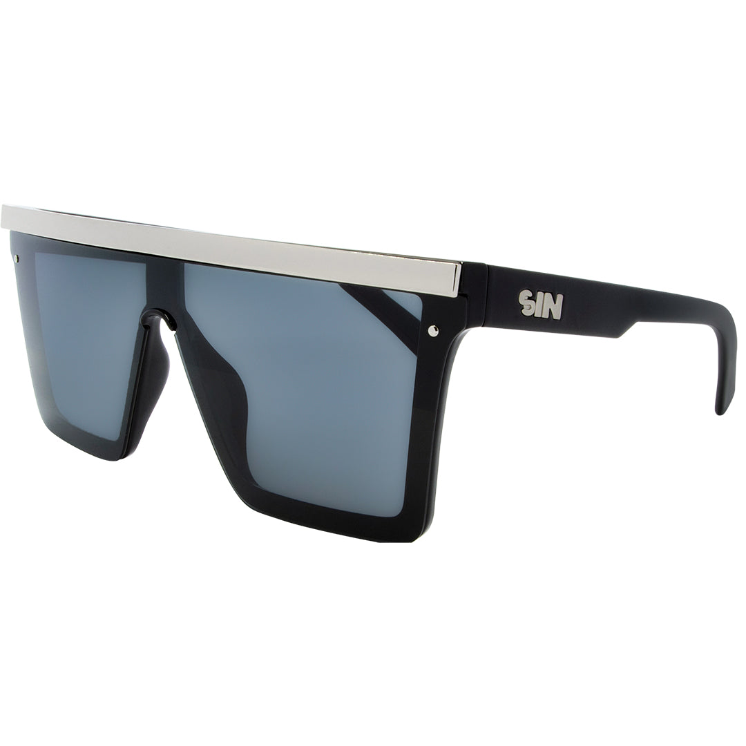 THE BAR Polarised Shield Square Sunglasses with Black and Silver Frame right front view