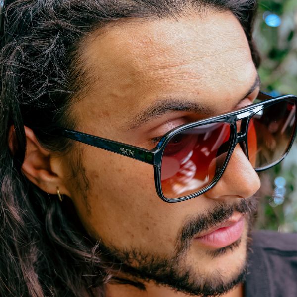 THE DUKE Brown Aviator Sunglasses side view on a male model