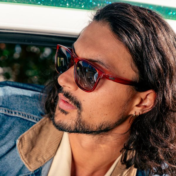The Game Changer Polarised Square Sunglasses with Brown Frame and G15 lens side view on a male model