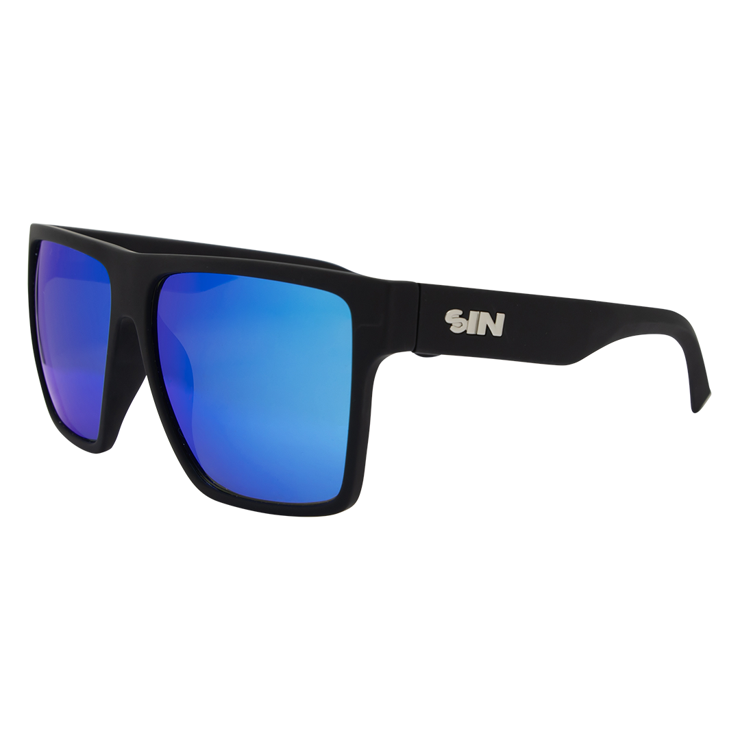 VESPA II Polarised Square Sunglasses with Black XL Frame and Blue Mirrored Lens front left view