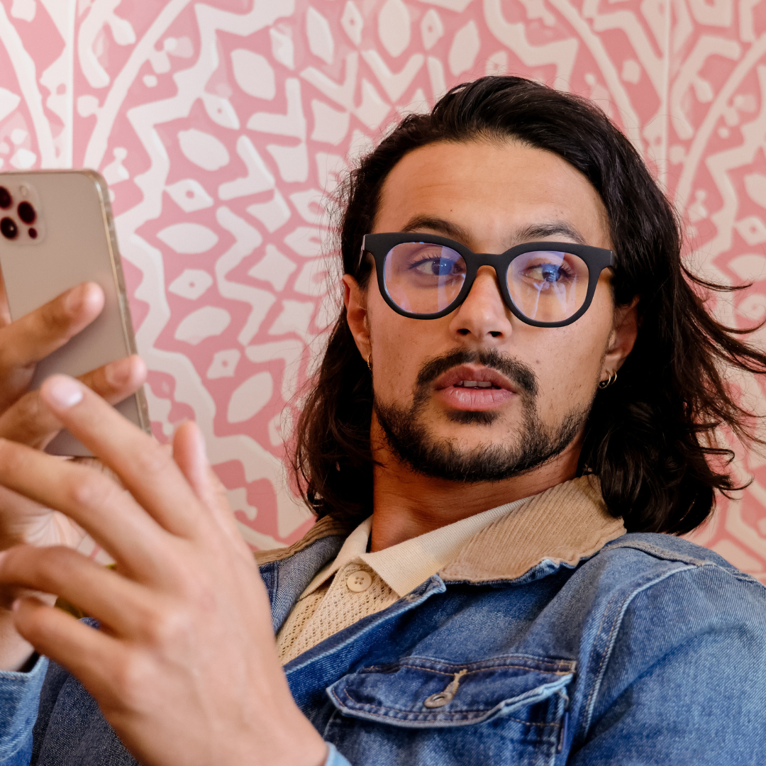 Vegas Black Round Blue Light Glasses on a male model