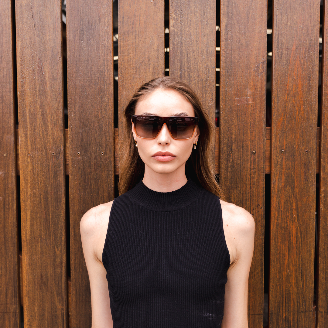 Vespa II Polarised Square Sunglasses with Brown Frame on a female model