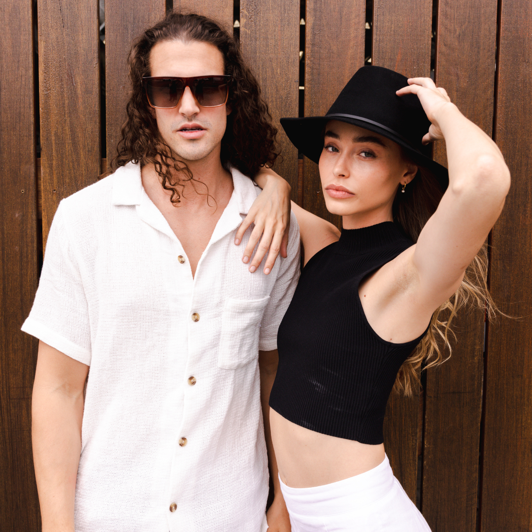 Vespa II Polarised Square Sunglasses with Brown Frame on a male model with long hair