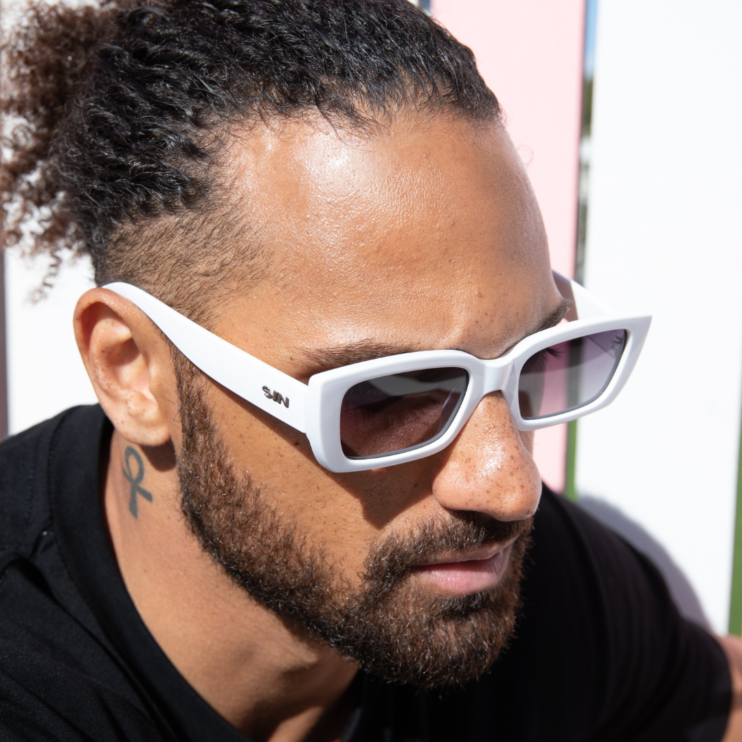 Ahoy Polarised White Rectangle Sunglasses on a male model