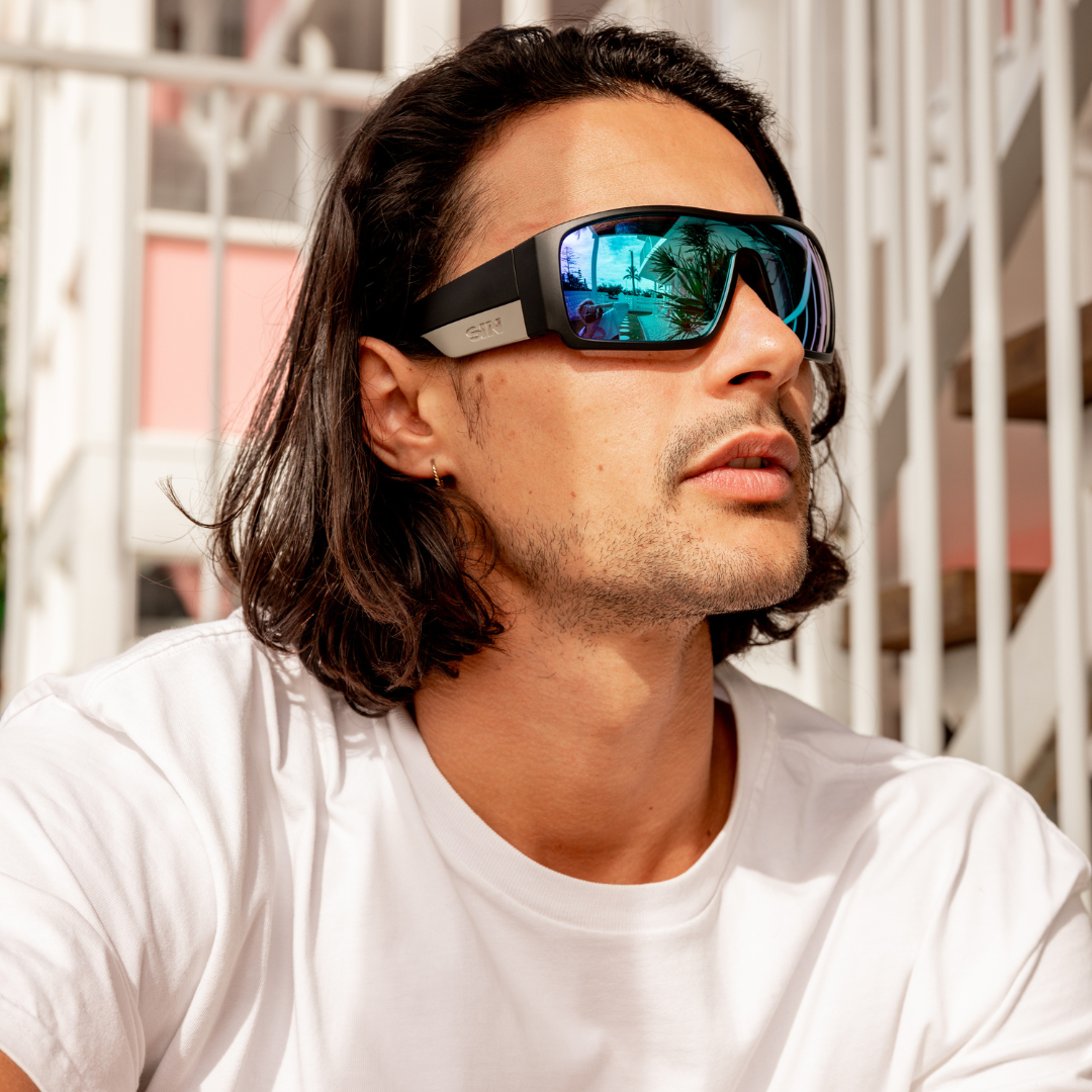Blaze Polarised Mirrored Blue Wrap Around Sunglasses side view on a male model
