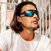 Blaze Polarised Mirrored Blue Wrap Around Sunglasses side view on a male model