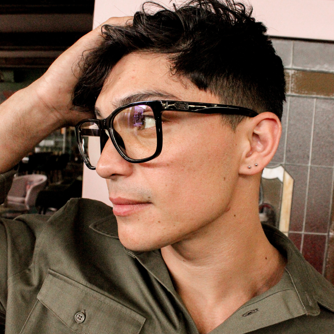 Game Changer Black Square Blue Light Glasses on a male model