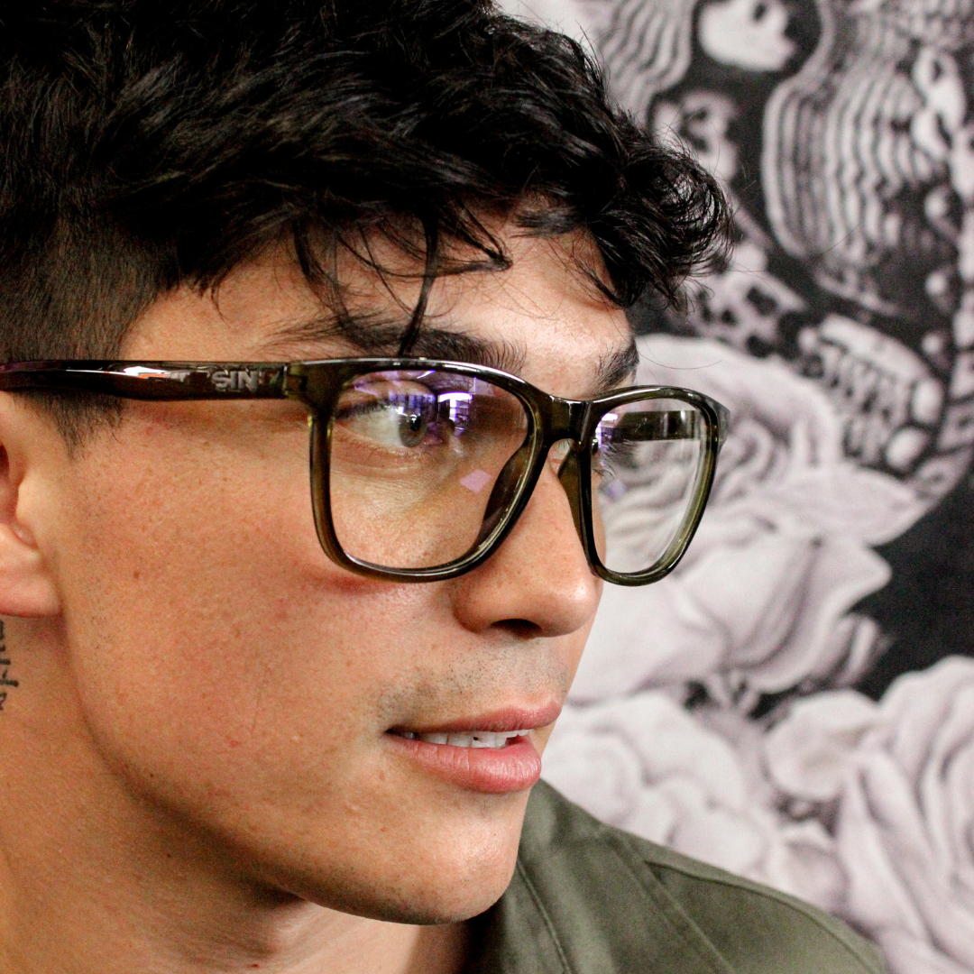 Game Changer Black Square Blue Light Glasses side view on a male model