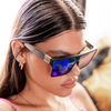 LOOSE CANNON Polarised Blue Shield Square Sunglasses side view on a female model
