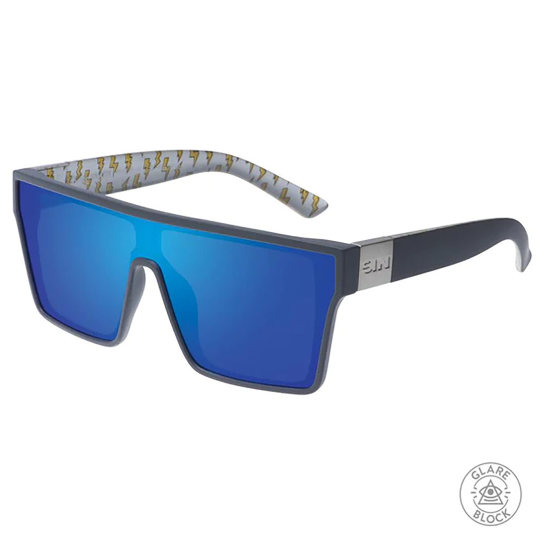 LOOSE CANNON Polarised Shield Square Sunglasses with Grey Frame and Blue Mirrored Lens front left side view