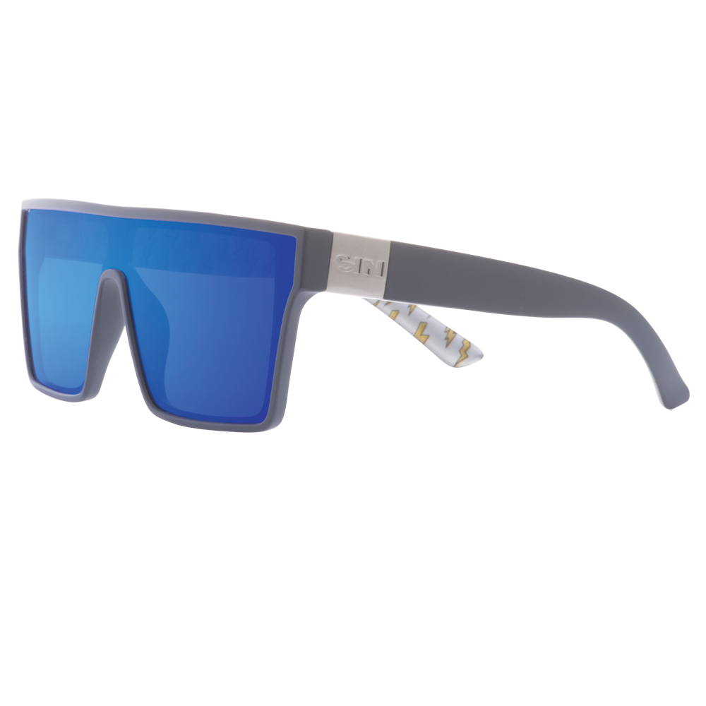 LOOSE CANNON Polarised Shield Square Sunglasses with Grey Frame and Blue Mirrored Lens front left view