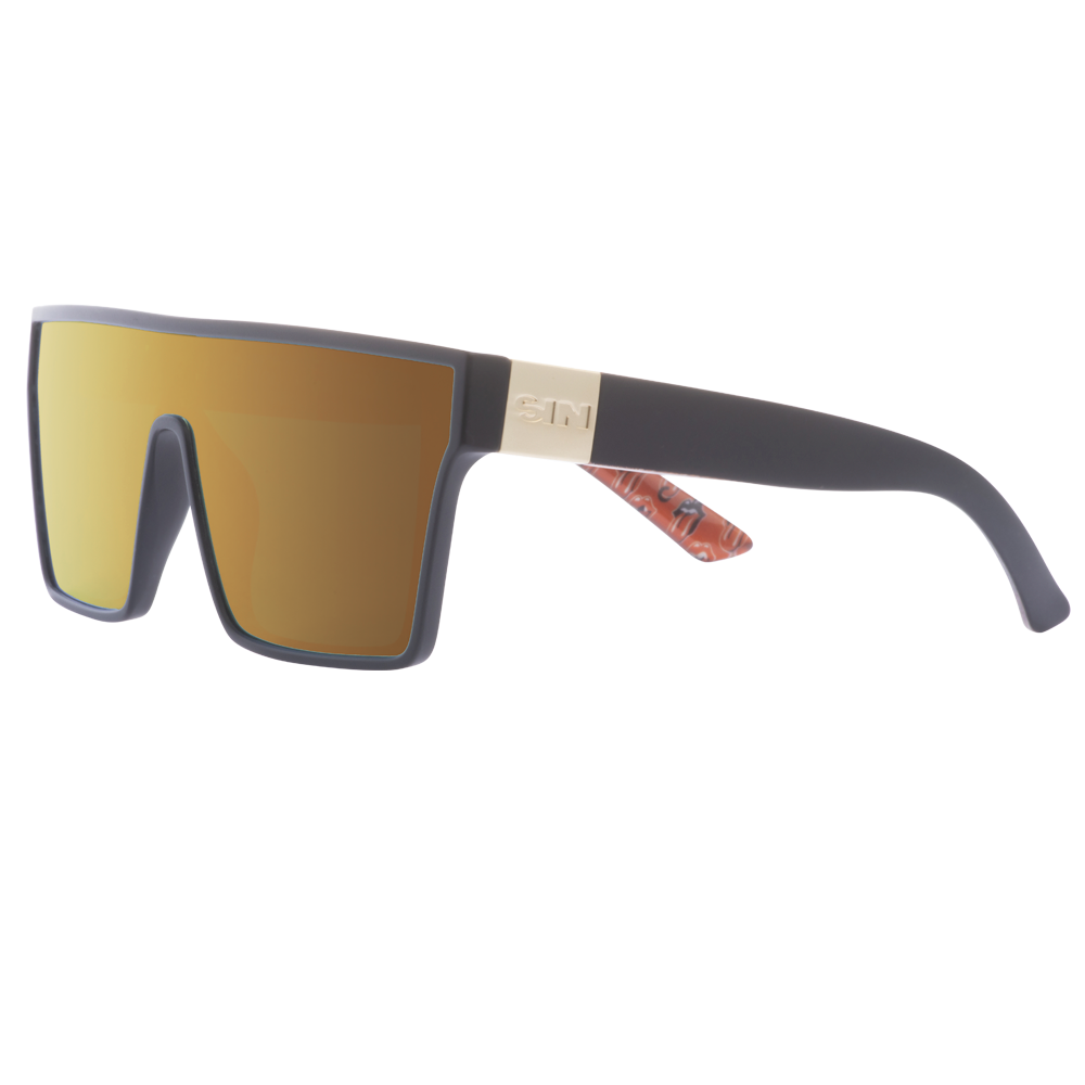 LOOSE CANNON Polarised Shield Square Sunglasses with Matt Black Frame and Gold Mirrored Lens front left side view