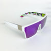 LOOSE CANNON Polarised Shield Square Sunglasses with White Frame and Purple Mirrored Lens on at table