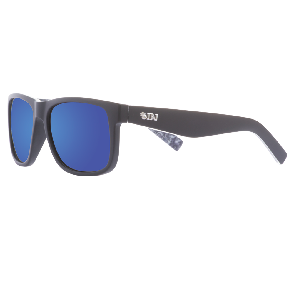 Riot Polarised Rectangle Sunglasses with Matt Black Frame and Blue Lens front left view