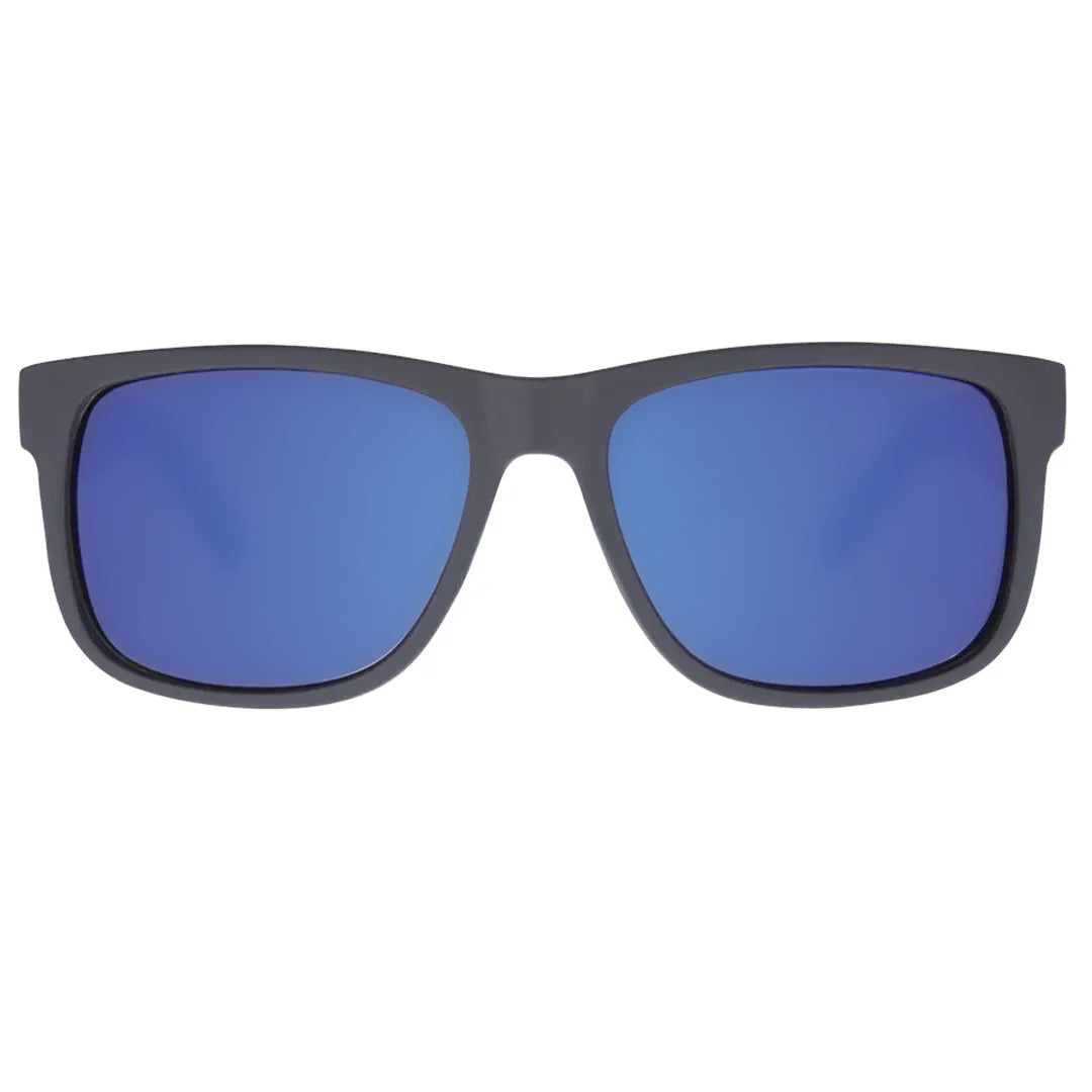 Riot Polarised Rectangle Sunglasses with Matt Black Frame and Blue Lens front view