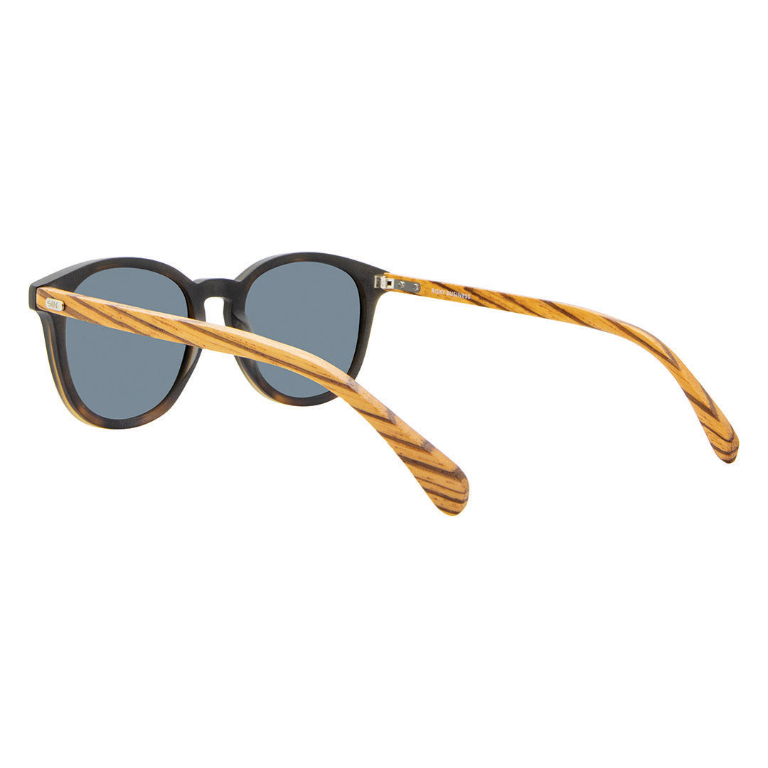 Risky Business Polarised Round Sunglasses with Tortoise Shell Wooden Frame back left view