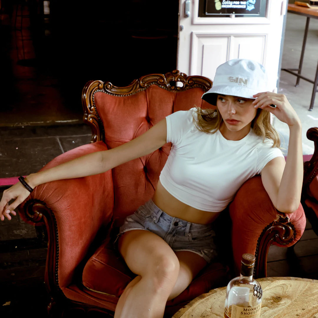 SIN Bat Country White Bucket Hat on a female model