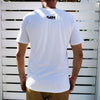 SIN Born by the Ocean White T-Shirt back view on a male model