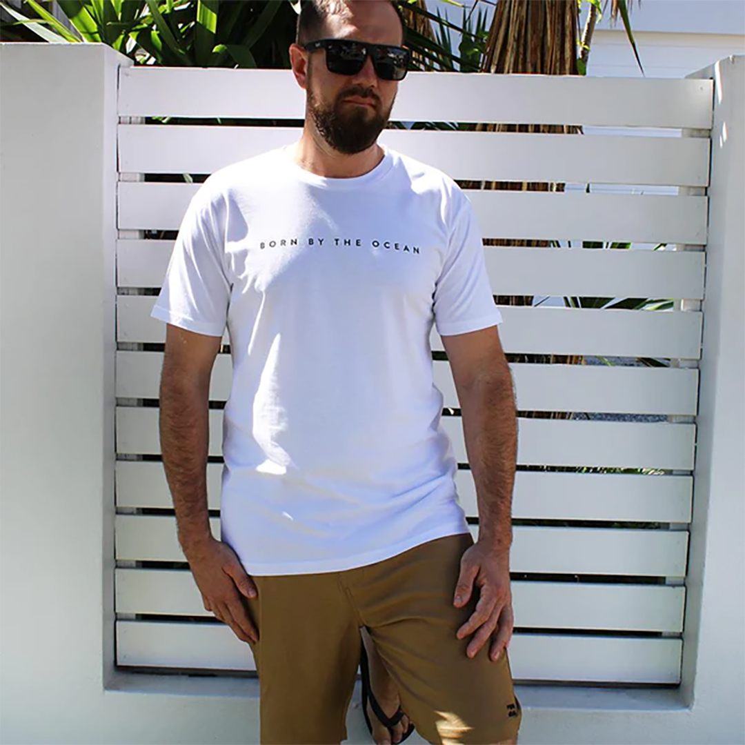 SIN Born by the Ocean White T-Shirt on a male model