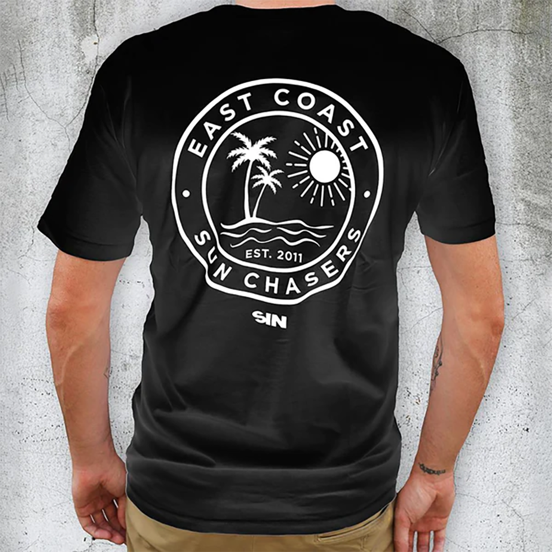 SIN East Coast Sun Chasers Black T-Shirt back view on male model