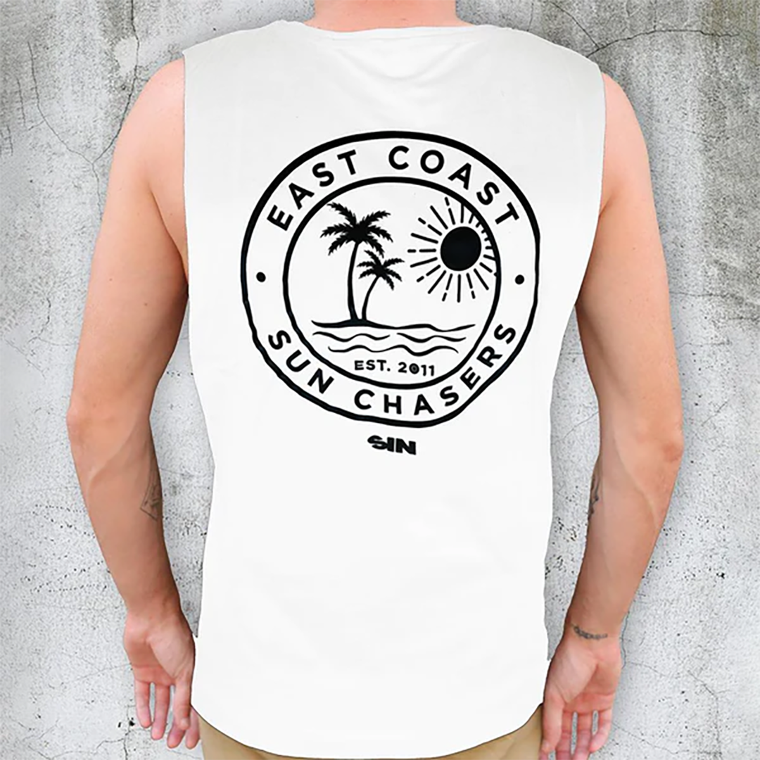 SIN East Coast White Muscle Shirt back view on a male model